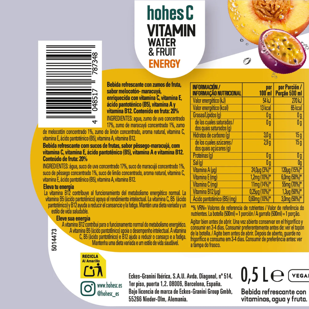 
                  
                    hohes C Vitamin Water Energy - Melocotón y Maracuyá - Pack de 6 (6x0,5L)
                  
                